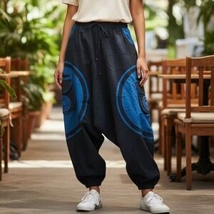 H🖤💙 Unisex Black Blue Graphic Harem Pants Drawstring Waist L/XL
